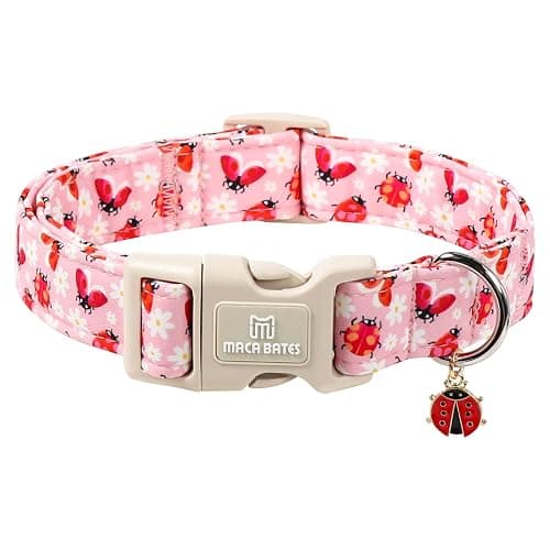 Maca Bates Pink Basic Dog Collar with Ladybug Charm for Extra Small Girl Boy Dogs, Ladybugs Pattern,Pretty Adjustable Durable Soft Collars Gift for Male Female Puppy - Image 1