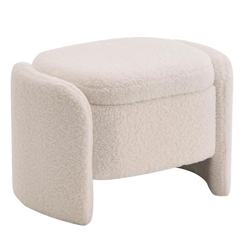 TUOMUR 27 Inch Teddy Fabric Oval Storage Ottoman, Upholstered Foot Stools Ottoman with Storage, Vanity Stool, Modern Multifunctional Chair for Makeup Room, Bedroom, Living Room (Beige) thumbnail 7