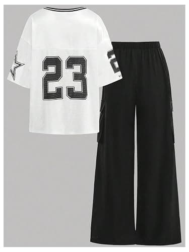 Floerns Girl's Two Piece Outfit Y2k Number V Neck Jersey Shirts with Cargo Pants Set thumbnail 2