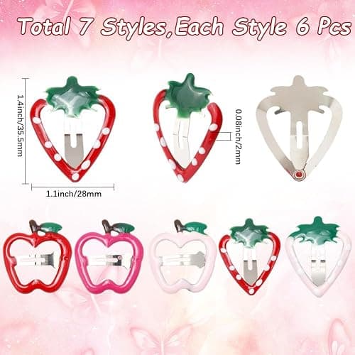 SUNNYCLUE 42Pcs 7 Styles Fruit Hair Barrettes Cartoon Hair Clips Metal Iron Enamel Red Pink Purple Colored Summer Fruits Strawberries Grapes Apples Shaped Snap Hairpins Set for Decoration Accessories thumbnail 3