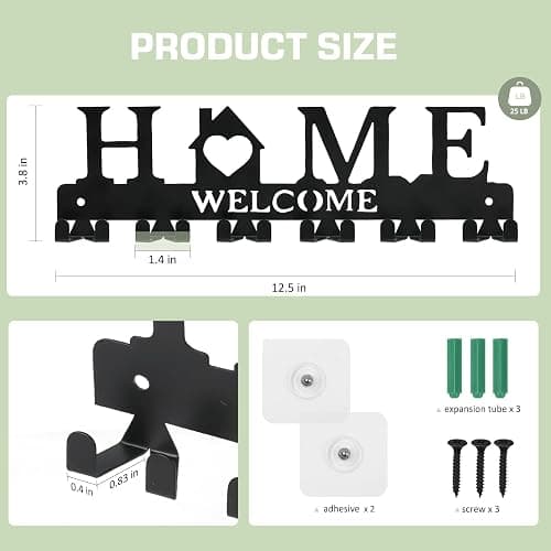 HOMEBROS Key Holder Wall Mount, Adhesive Metal Key Hanger with 6 Double Hooks, 2 Installation Methods, Black thumbnail 2