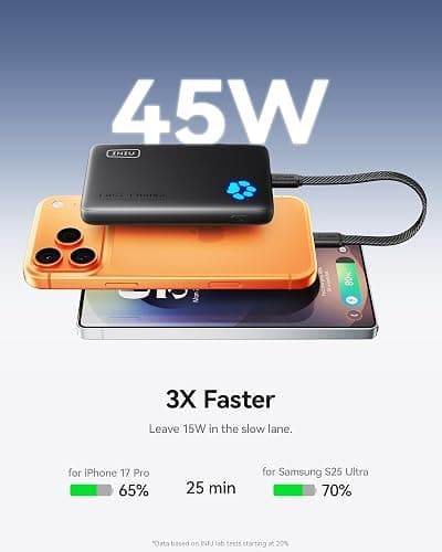 INIU Portable Charger, Ultra Slim 45W Fast Charging with Attached USB C Cable, Flight-Safe 10000mAh PD Power Bank Battery Pack, Travel Essential Phone Powerbank for iPhone 17 16 Samsung S25 Google etc thumbnail 3