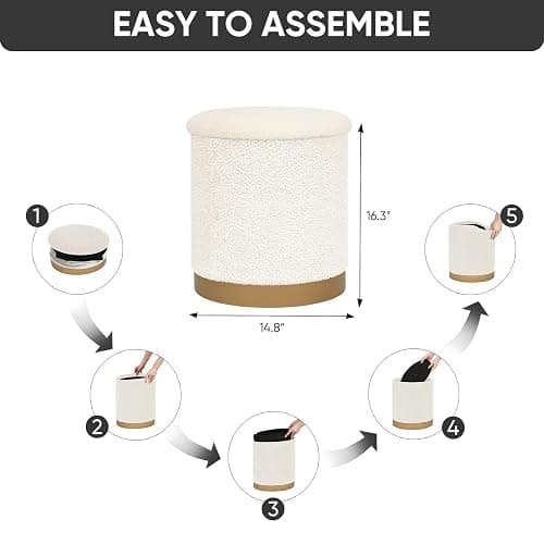 CAIPINFUL 15 Inches Round Storage Ottoman - Boucle Ottoman Foot Rest with Gold for Living Room,Bedroom and Dorm-White thumbnail 2