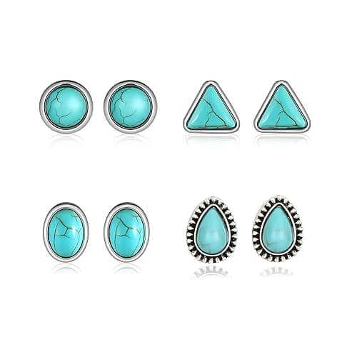 Dreuyet Turquoise Stud Earrings Set for Women Handmade Gemstone Oval Round Flower Cut Shape Square Studs Earrings Boho Turquoise Earrings Trendy Jewelry - Image 1