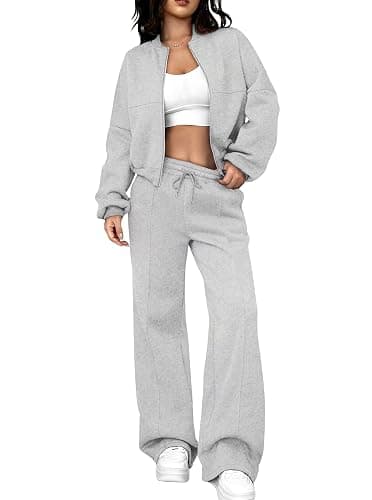 LovelyWholesale Women Sweatsuits 2 Piece Set Zip Up Sweatshirt and Wild Leg Sweatpants Set thumbnail 2
