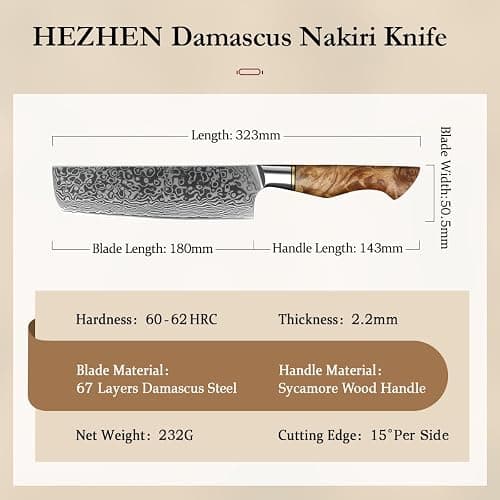 HEZHEN 7 inch Nakiri Knife Japanese High Carbon Steel-Super Durable Cooking Knife-67 Layers of Damascus Steel Sharp Blade -Ergonomic Design for Figured Sycamore Wood Handle thumbnail 3