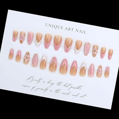 LPOODDNU 3D Pink Press on Nails Almond - Medium French Tip Fake Nails with Embossed Flower&Gold Bead Designs, Glossy Finish Reusable False Nails with Glue Tabs - 24Pcs Nail Kit for Women Manicure thumbnail 5