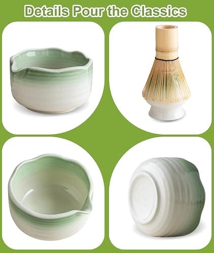 JBER Matcha Set, Matcha Whisk Set 7 Pcs - Bamboo Matcha Whisk, Ceramic Bowl with Spout & Whisk Holder, Sifter, Bamboo Scoop & Holder - Complete Matcha Kit Gift for Matcha Lovers, Gradient Light Green thumbnail 6
