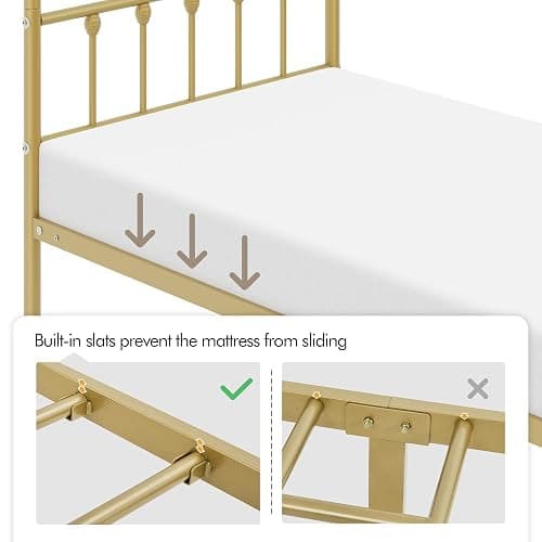 Yaheetech 2Pcs Twin Size Metal Platform Bed Frame with Victorian Style Iron-Art Headboard/Footboard/Under Bed Storage/No Box Spring Needed Antique Gold - Twin - Antique Gold thumbnail 6