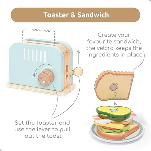 UMU® Wooden Toaster & Sandwich Set for Kids – 14-Piece Pretend Play Kitchen Toy with Real Pop-Up Toaster, Butter, Knife & Accessories – Wooden Kitchen Playset for Boys and Girls Ages 3–6 thumbnail 4