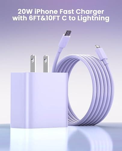iPhone Charger Fast Charging, USB C Charger Block, 6FT/10FT Lightning Cable | For Apple iPhone 14/13/12/11 Series, 2-Pack USB C to Lightning Cables, AirPods with Lightning Charging Case,Purple thumbnail 5