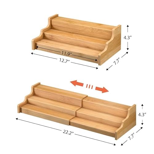 Spice Rack Kitchen Cabinet Organizer- 3 Tier Bamboo Expandable Display Shelf Yellow thumbnail 3