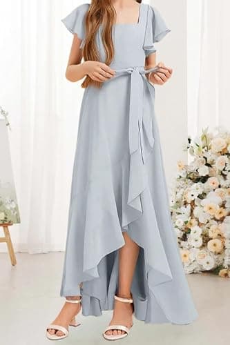 Augday Short Sleeves Junior Bridesmaid Dresses for Wedding Chiffon Flower Girl Dress for Wedding Party Pageant Gown thumbnail 2