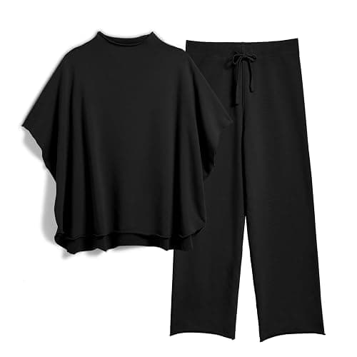 SeeLuNa Women's Two Piece Outfits 3/4 Batwing Sleeve Capelet Crew Neck Pullover Top Wide Leg Pants Lounge Set - Image 1