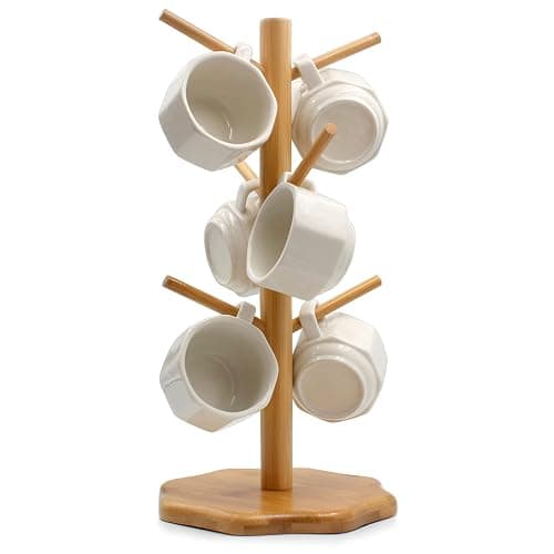 Gihunk Bamboo Countertop Mug Tree Stand with 6 Hooks, Octagon Base Coffee Cup Tree - Image 1