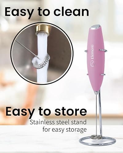 Elementi Electric Pink Milk Frother Handheld - Mini Whisk for Coffee, Matcha and Drinks - Portable Frother & Mixer with Stand (Pastel Pink) thumbnail 7