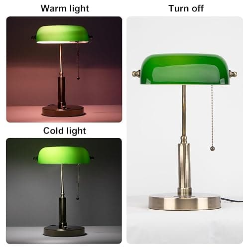 FIRVRE Glass Bankers Desk Lamp with Wireless Charger, 2 USB Charging Port, Vintage Desk Lamp with Pull Chain Switch, Retro Table Lamps for Home Office, Piano, Library (Bulb Included) thumbnail 7