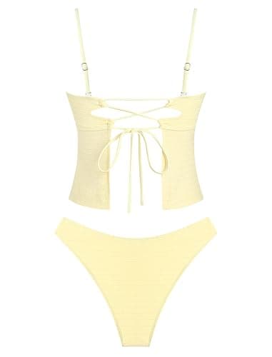 ZAFUL Tankini Swimsuits for Women Bow Tie Side Bathing Suits Tummy Control High Cut Two Piece Bikini Sets thumbnail 4