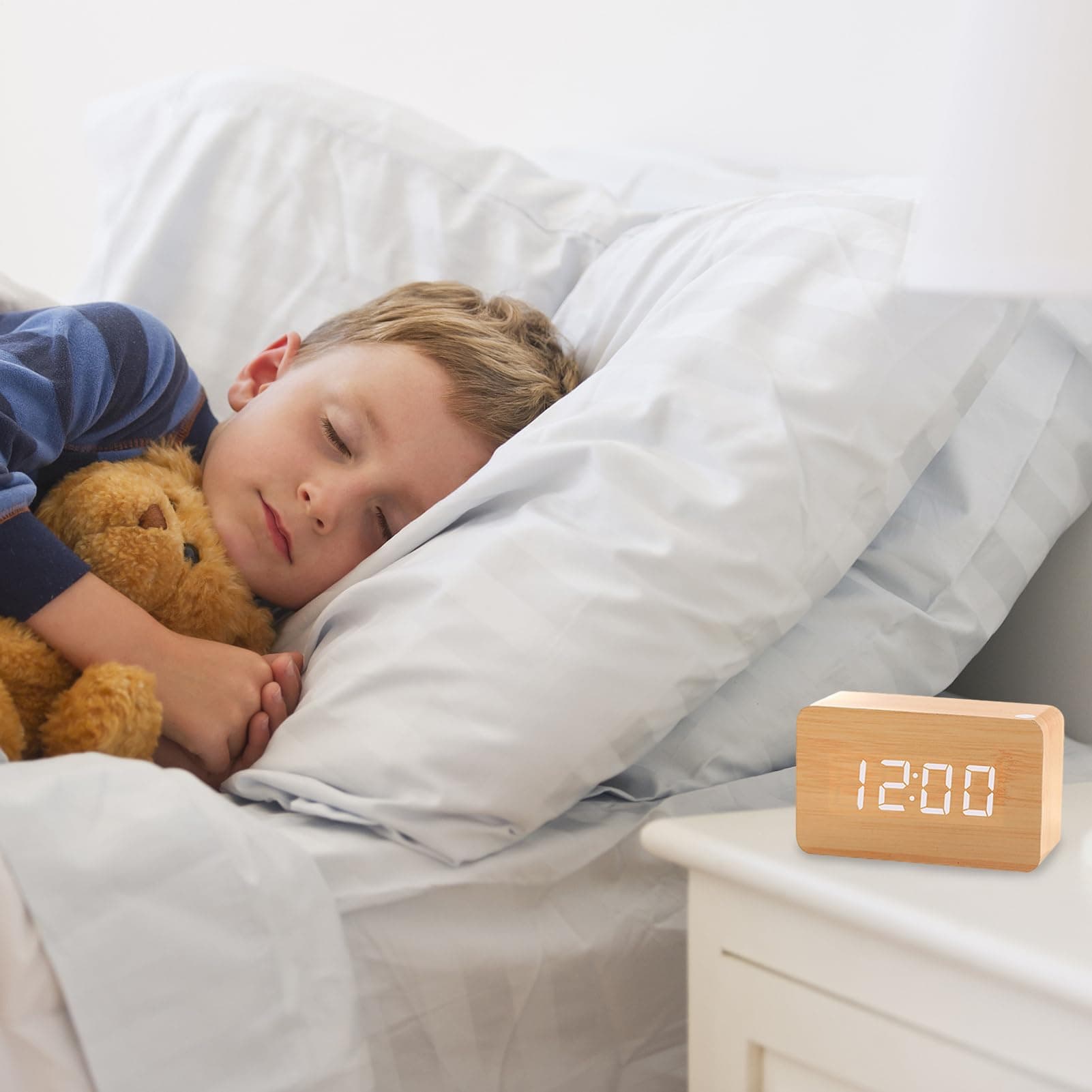 Wooden Alarm Clock - Digital LED Desk Clock, Electric Bedroom Clocks, Large Display Desk Accessories | Weekday/Weekend Mode, Sound Control, Electric Clocks for Bedside, Bedroom, Home Décor thumbnail 2