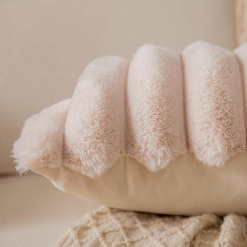 YAERTUN Set of 2 Beige Striped Decorative Cushion Covers 16x16 Inch 40x40 cm Plush Soft Throw Pillow Case with Velvet Back Faux Rabbit Fur Pillow Covers Sofa Couch Bed Livingroom thumbnail 4