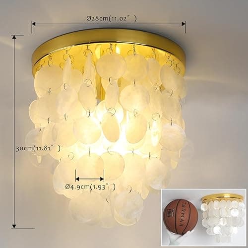 Pathson Modern Shell Ceiling Light Fixture Brass Gold Finish, Hardwired Flush Mount Lighting Includes Bulb, Vintage Capiz Shell Ceiling Chandelier Lamp for Hallway Entryway Living Room Bedroom thumbnail 5
