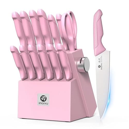 imarku Knife Set with Block, Sharp Knife Set with Built-in Sharpener, Japanese Stainless Steel Kitchen Knife Set with Non-Slip Ergonomic Handle, Dishwasher Safe, Valentine's Day Gifts, 14 PCS, Pink - Image 1