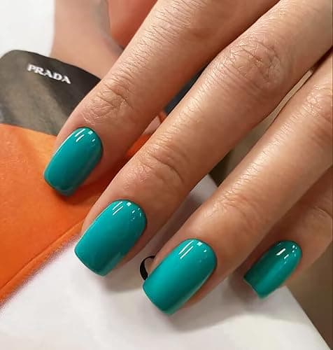 KKUUOO Square Press on Nails Short Fake Cyan False with Solid Color Design Full Cover Acrylic Glossy Glue Cute Stick for Women and Girls DIY Manicure 24Pcs - Image 1