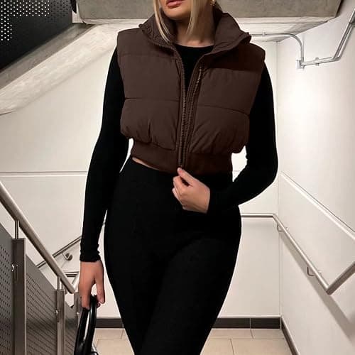 Shiyifa Women's Fashion High Neck Zipper Cropped Puffer Vest Jacket Coat thumbnail 6