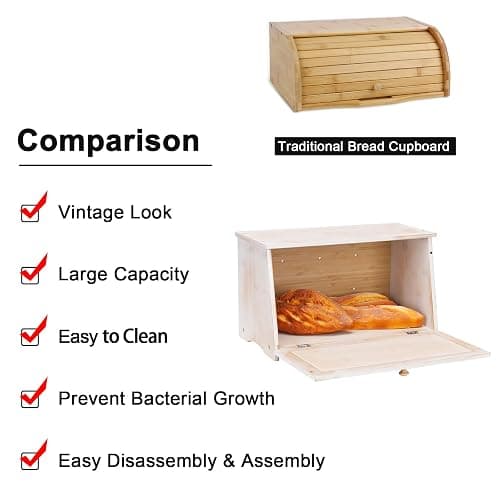 HOMEKOKO Vintage Large Wood Bread Box for Kitchen Counter, Retro Design Single Layer Bamboo Large Capacity Food Storage Bin (White) thumbnail 6