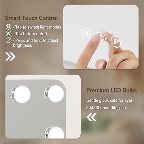 Hollywood Vanity Mirror with Lights, 60x53cm Lighted Makeup Mirror with 15 Dimmable Bulbs, 360° Rotating, 3 Lighting Modes, Smart Touch Control, USB & Type C Output Port, Gift for Women and Girls thumbnail 7