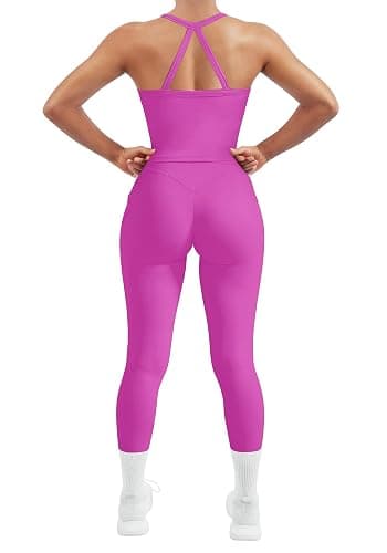 SUUKSESS Women 2 Piece Workout Sets Compression Tummy Control Leggings with Pockets Halter Built in Bra Tank Tops - Image 1