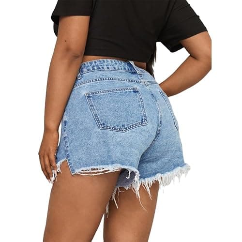 MapleHub Plus Size Denim Shorts Women High Waisted Ripped Folded Hem Jean Shorts thumbnail 2