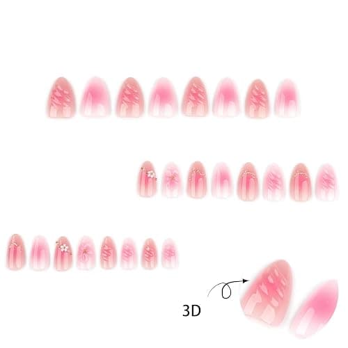 QQPPOLIU Pink Press on Nails Short Almond False Nails With Flower and 3d Coats Design for Girls Spring Nail 24pcs thumbnail 4