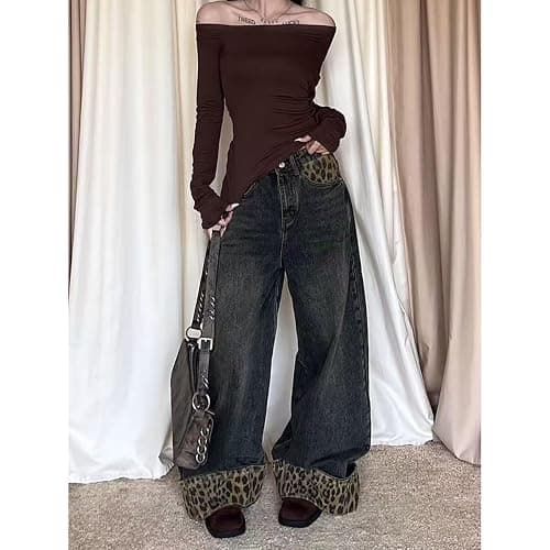 INFENU American Street Style Women's Retro Leopard Print Patchwork Jeans, Spicy Girl Street Loose Hip-hop Wide Leg Pants thumbnail 2
