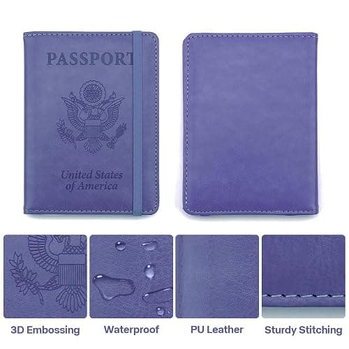 Passport Cover 2 Pack, Waterproof Leather Wallet - Dark Purple and Pink - Men, Women, Family Travel Essentials - Dark Purple+Pink thumbnail 4