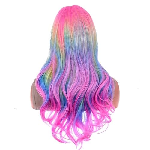 BERON Rainbow Ombre Wigs Long Wavy Wig for Women Colorful Ombre Curly Heat Resistant Synthetic Hair Wigs for Daily Used with Wig Cap - Colorful thumbnail 4