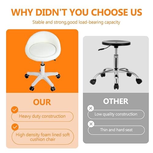 Faux Leather Round Rolling Stool Height Adjustable Swivel Salon Chair with Wheels for SPA Home Office, Ergonomic Plastic Frame Quiet Castors Beige thumbnail 3
