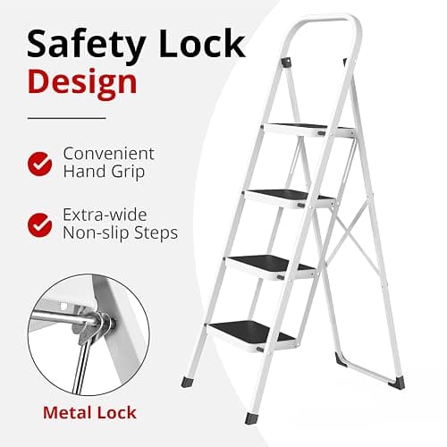HBTower Step Ladder Folding Step Stool for Adults with Anti-Slip Pedal,330 lbs Capacity for Kitchen, Home,White thumbnail 3