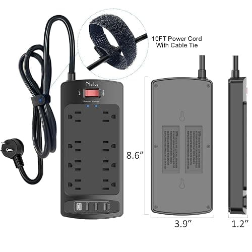 10 Feet Surge Protector Power Strip - Nuetsa Extension Cord with 8 Outlets and 4 USB Ports, Flat Plug, 2700 Joules, for Home, School, College Dorm Room, and Office, ETL Listed, Black thumbnail 7