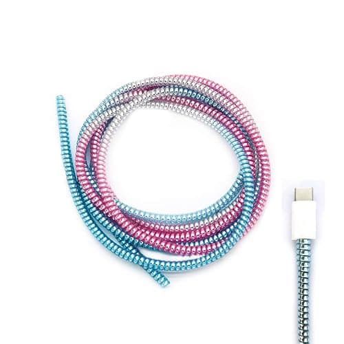 Cable Protector Animal Proof Wire Repair, Cord Protector for Pets Headphone Saver Spiral Cable Wrap Strain Relief, Cord Sleeve for Phone Cable USB Date Cable, 60 inches, 2 pcs, Silver-Pink-Blue - Image 1