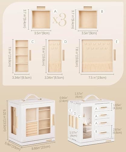 Homde Christmas Gifts Jewelry Box 360° Rotating, Necklace Earring Organizer with Transparent Window, Mirror, 7 Drawers, Large Ring Display Storage Case for Girls Women (White) thumbnail 3