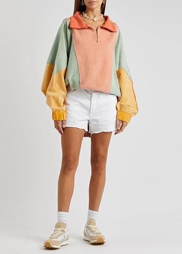 Yuemengxuan Women Fleece Sweatshirts Long Sleeve Colorblock Cropped Oversized Sweatshirt Y2k V-Neck Pullover Tops - Orange - Medium thumbnail 3