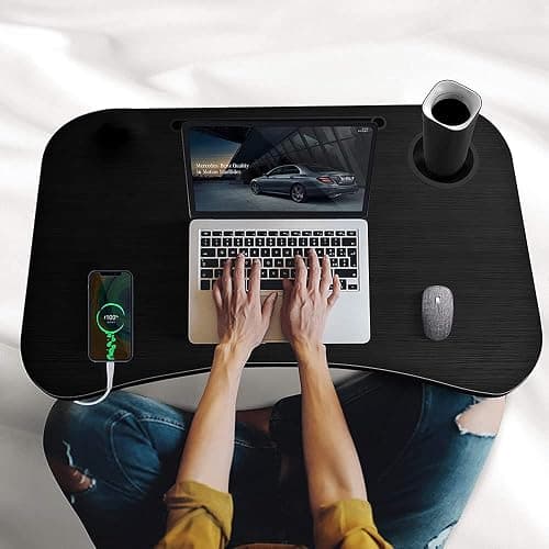 Laptoptisch, Betttablett, Laptop Betttisch Klappbar Tragbar, Lesetisch, Frühstücksbrett, NotebookTisch, Getränkehalter, Büchertablett, für Wohnzimmer Büro und Unterwegs Sofa Boden|60 x 40 cm, Schwarz thumbnail 6
