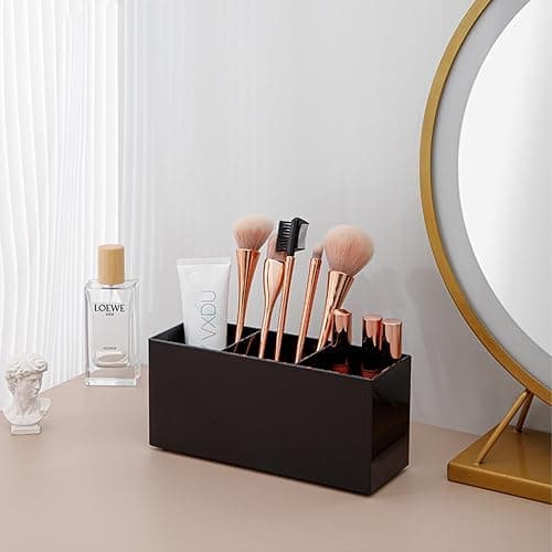 SJDOFU Kosmetik Organizer, Schminkpinsel Behälter, Kosmetik Pinselhalter mit 3 Fächer, Acryl Schminkpinsel Behälter Kosmetikpinsel für Pinsel Eyeliner Lippenstift Bürsten(Schwarz) thumbnail 2
