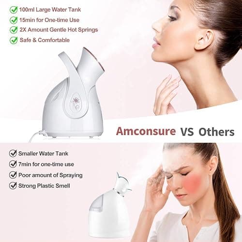 Facial Steamer, Amconsure Nano Ionic Face Steamer for Home, 100ML Warm Mist Humidifier for Women Moisturizing, Unclogs Pores-Bonus Stainless Steel Skin Kit and 2 Face Scrubbers thumbnail 5
