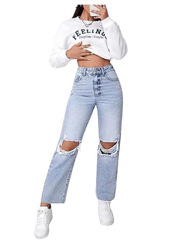SweatyRocks Women's High Waist Ripped Distressed Cropped Jeans Straight Leg Denim Pants thumbnail 3