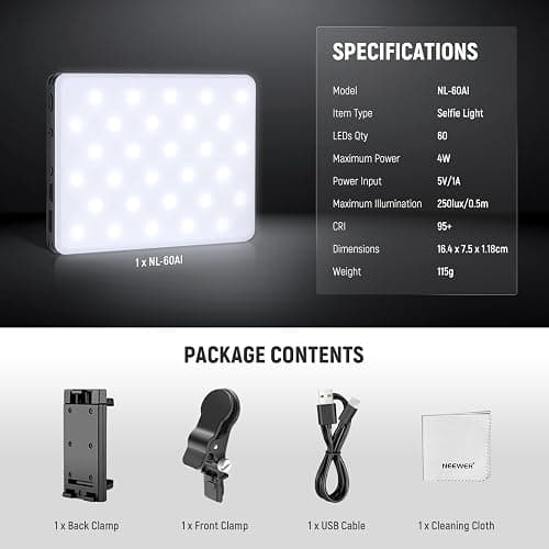 NEEWER BASICS Clip on LED Selfie Light Compatible with iPhone, 2000mAh Rechargeable, Phone Clamp Holder & Cleaning Cloth, Webcam Laptop Zoom Video Conference Recording Makeup Fill Lighting, NL-60AI thumbnail 9