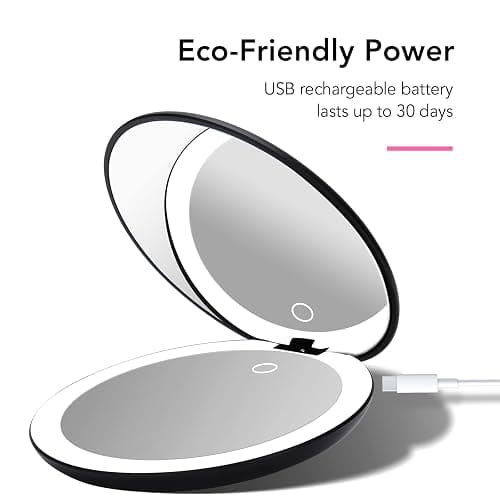 Fancii Taylor LED Lighted Travel Makeup Mirror, Rechargeable with 10x/1x Magnifying & 3 Light Settings - Compact, Portable, Large 5” Wide Hand Mirror for Handbag and Purses (Black) thumbnail 5
