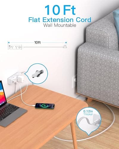 10Ft Extension Cord with Multiple Outlets, Flat Plug Power Strip Surge Protector with 10 Ft Long Cord, 6 Outlet 3 USB Ports (1 USB C), Multi Outlet Wall Plug for Travel, College, Dorm Room Essentials - White - 10FT thumbnail 2
