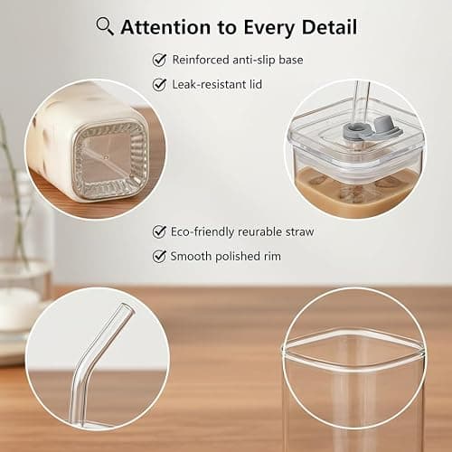 Vibinz Glass Cups with Lid and Straw, 12oz/350ml Clear Glass Coffee Tumbler for Iced Drinks, Tea, Smoothies, Latte and Matcha, Reusable Drinking Glass Set, Cute Cups for Home, Kitchen Essentials thumbnail 5